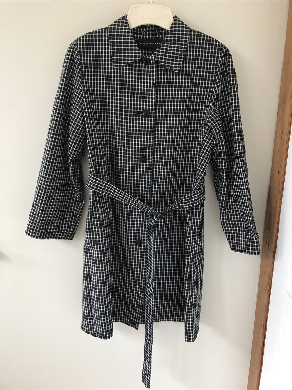 Portrait Black White Cotton Checkered Plaid Belted Trench Over Rain Coat M 42"